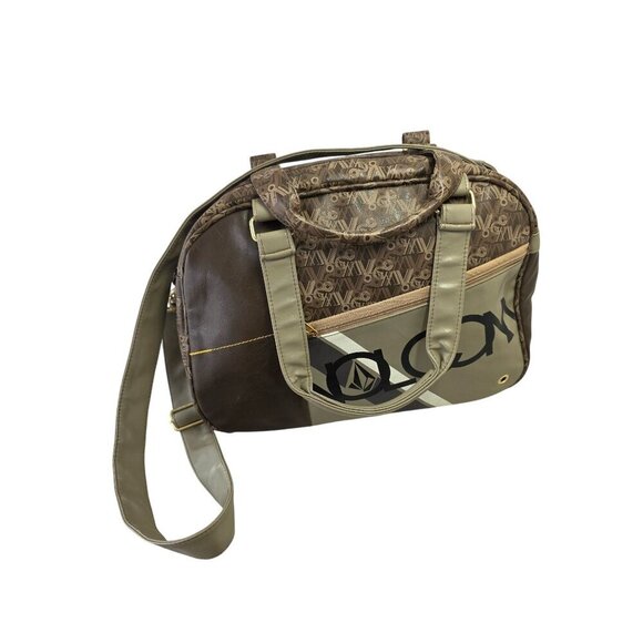 Volcom Stone Logo Y2K Duffel Bag Brown Vinyl Zip Compartments Detach XBody Strap - Picture 1 of 14